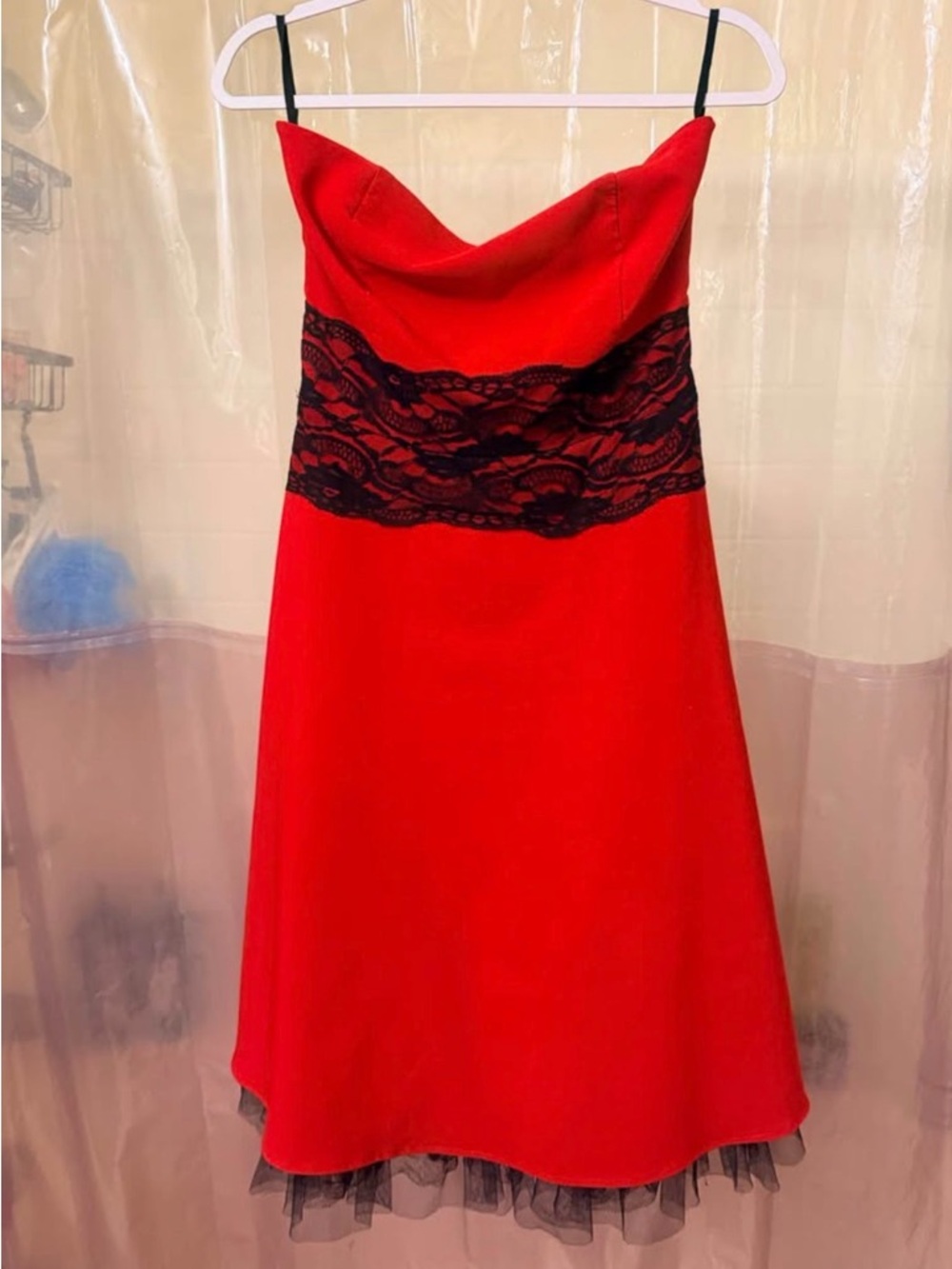 Ruby Rox Red Strapless A-Line Dress with Black Lace